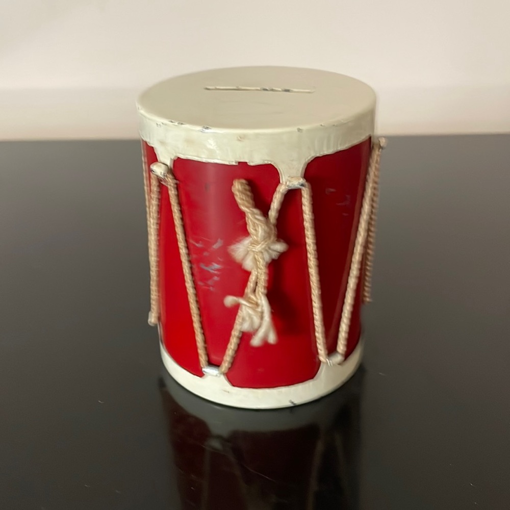 Drum Tin Can Savings Bank Childs Bank Old Metal Money Holder Roped Decorated